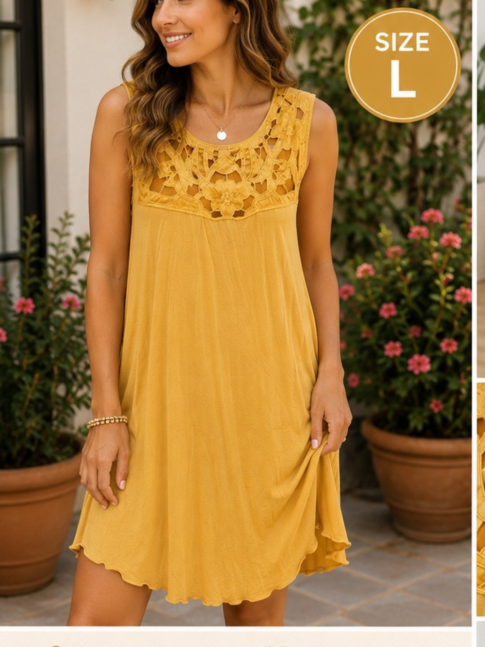 JANETTE Yellow Floral Cutout Sleeveless DRESS LARGE Pit 17”
Length 31”